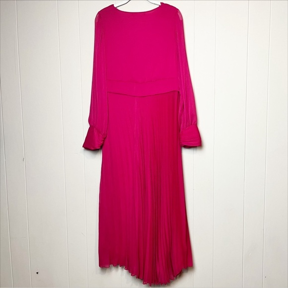 ZARA Pleated Midi Dress Large Fuchsia pink solid long sleeve flowy twist front - Picture 5 of 14